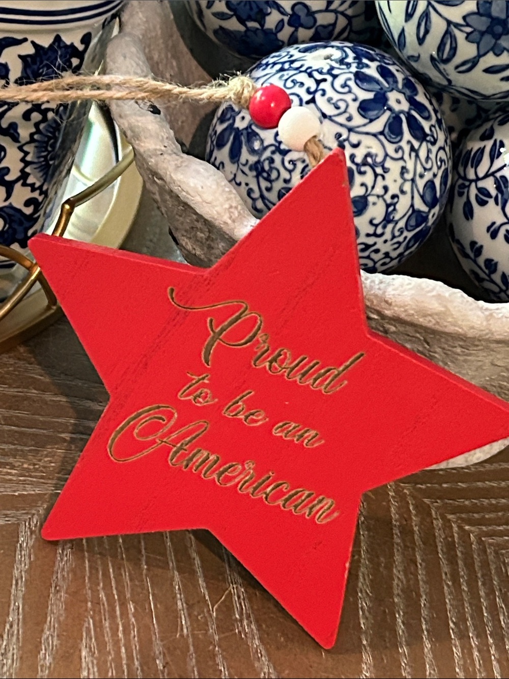NEW! Patriotic Wood Bead Red Star Proud to be an American Hanging Ornament
